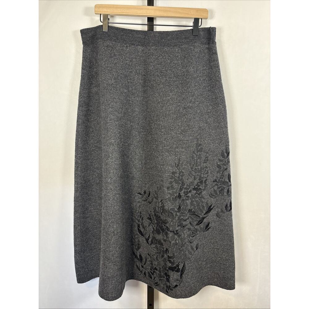 Poetry Maxi Skirt Women's 14 Gray Wool Pull On Floral Embroidered A-Line Classic